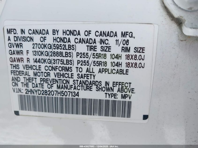 2007 Acura Mdx VIN: 2HNYD28207H507134 Lot: 43827893