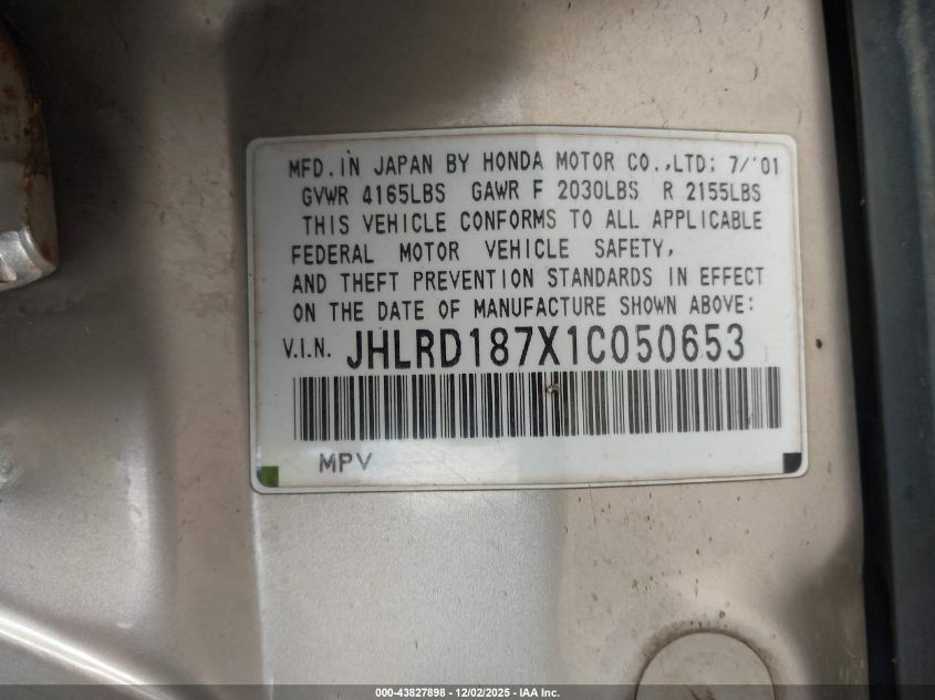 2001 Honda Cr-V Special Edition VIN: JHLRD187X1C050653 Lot: 43827898