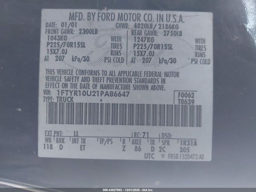 2001 Ford Ranger Edge/Xl/Xlt VIN: 1FTYR10U21PA86647 Lot: 43827902