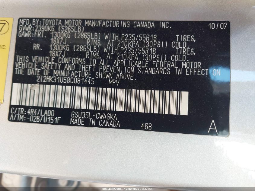 2008 Lexus Rx 350 VIN: 2T2HK31U58C081445 Lot: 43827904