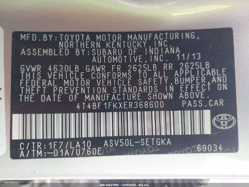 2014 Toyota Camry Xle VIN: 4T4BF1FKXER368600 Lot: 43827909