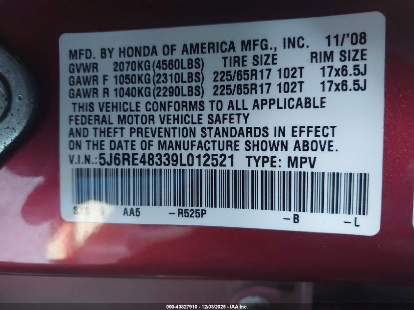 2009 Honda Cr-V Lx VIN: 5J6RE48339L012521 Lot: 43827910