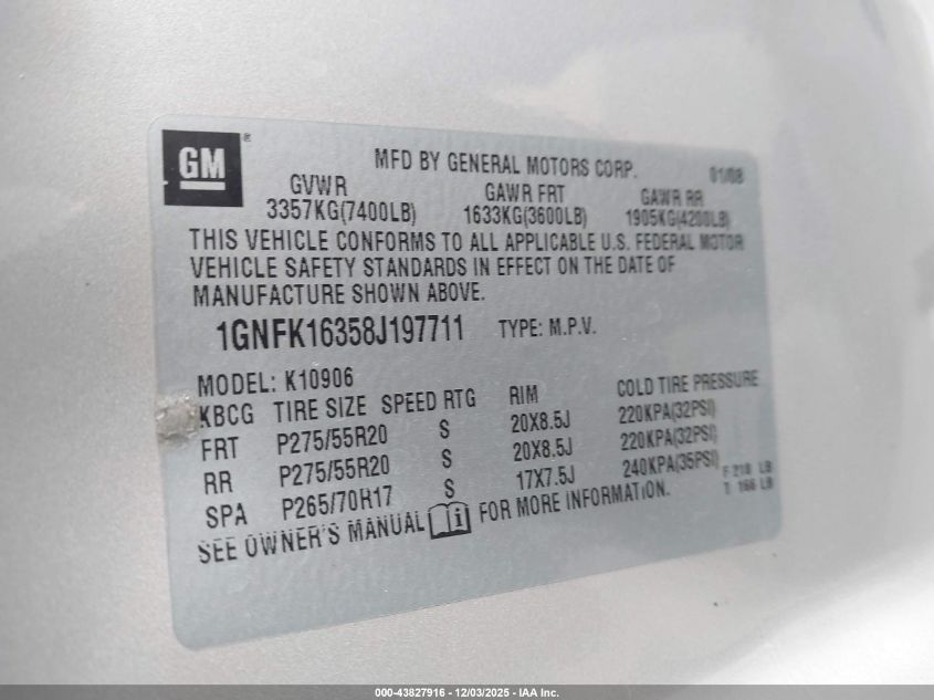 2008 Chevrolet Suburban 1500 Ltz VIN: 1GNFK16358J197711 Lot: 43827916