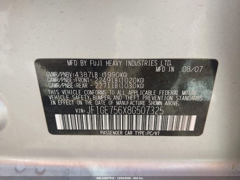 2008 Subaru Impreza Wrx VIN: JF1GE756X8G507325 Lot: 43827932