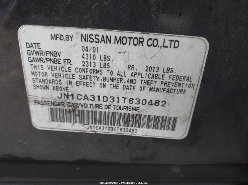 2001 Nissan Maxima Se VIN: JN1CA31D31T630482 Lot: 43827938