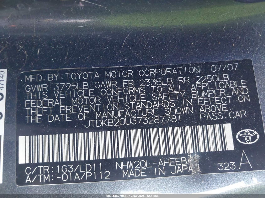 JTDKB20U373287781 2007 TOYOTA PRIUS photo no. 9