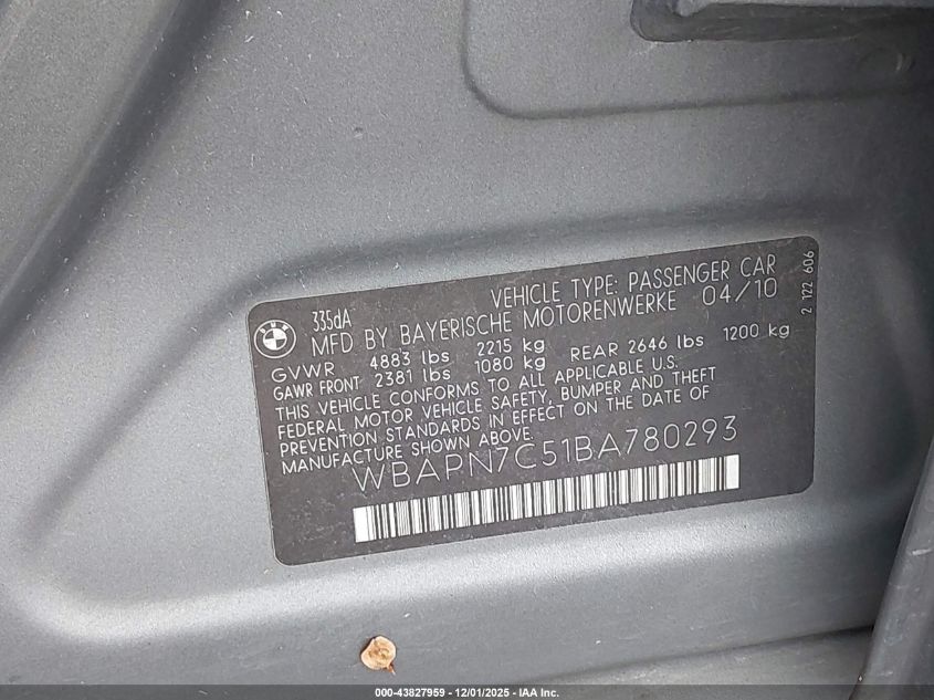 2011 BMW 335D VIN: WBAPN7C51BA780293 Lot: 43827959
