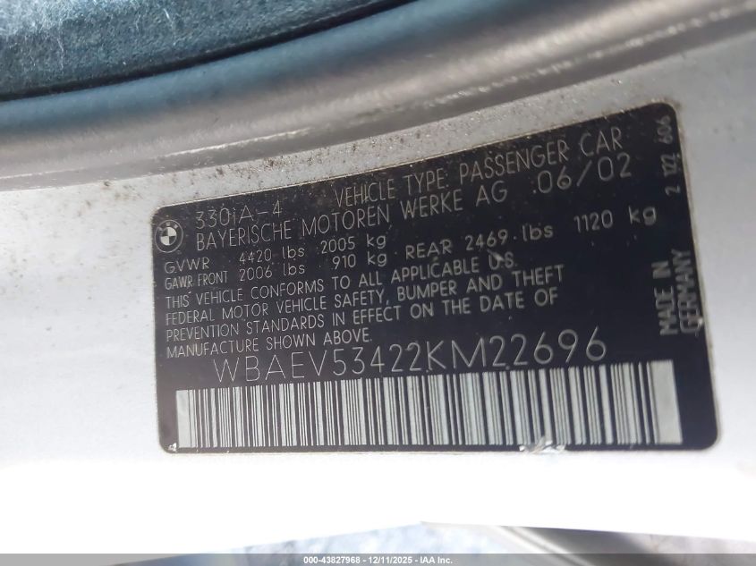 2002 BMW 330I VIN: WBAEV53422KM22696 Lot: 43827968