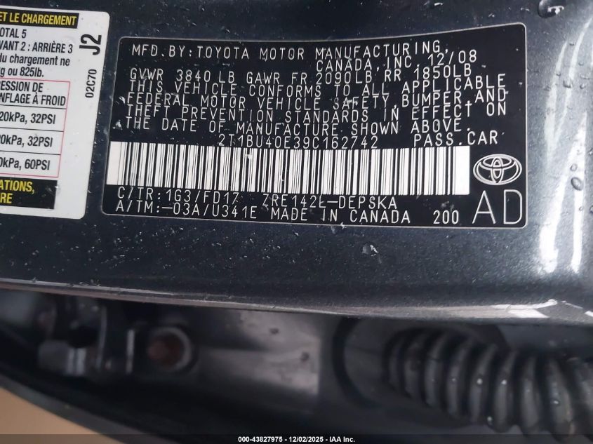 2009 Toyota Corolla S VIN: 2T1BU40E39C162742 Lot: 43827975