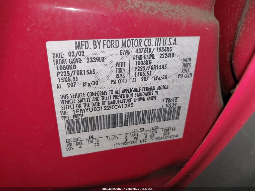 2002 Ford Escape Xlt VIN: 1FMYU03122KC61385 Lot: 43827982