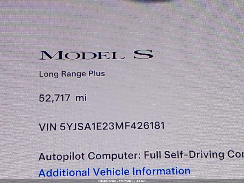2021 Tesla Model S Long Range Dual Motor All-Wheel Drive/Long Range Plus Dual Motor All-Wheel Drive VIN: 5YJSA1E23MF426181 Lot: 43827983