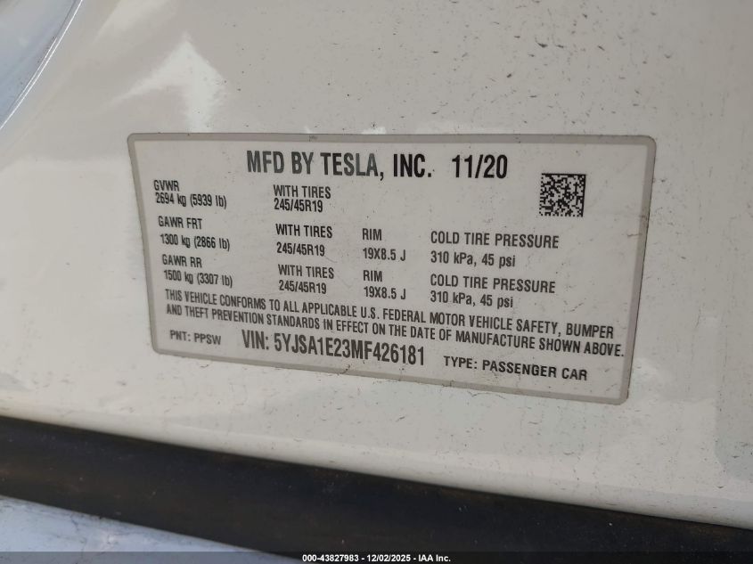 2021 Tesla Model S Long Range Dual Motor All-Wheel Drive/Long Range Plus Dual Motor All-Wheel Drive VIN: 5YJSA1E23MF426181 Lot: 43827983