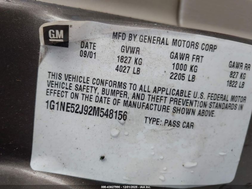 2002 Chevrolet Malibu Ls VIN: 1G1NE52J92M548156 Lot: 43827990