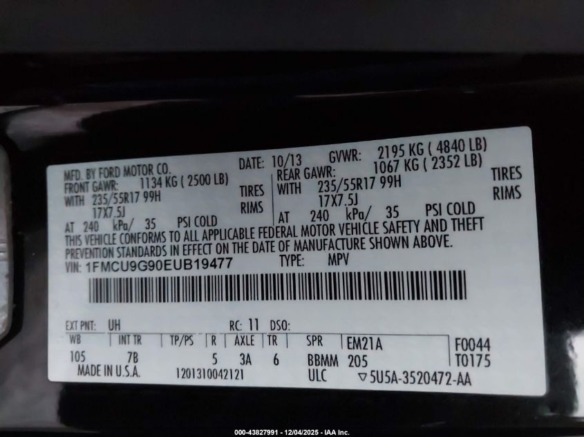 2014 Ford Escape Se VIN: 1FMCU9G90EUB19477 Lot: 43827991