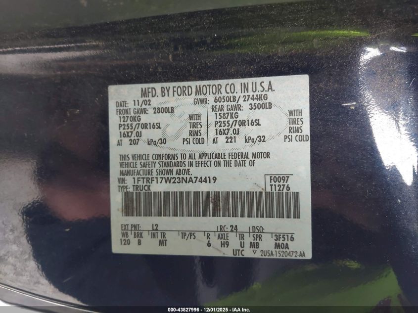 2003 Ford F-150 Xl/Xlt VIN: 1FTRF17W23NA74419 Lot: 43827996