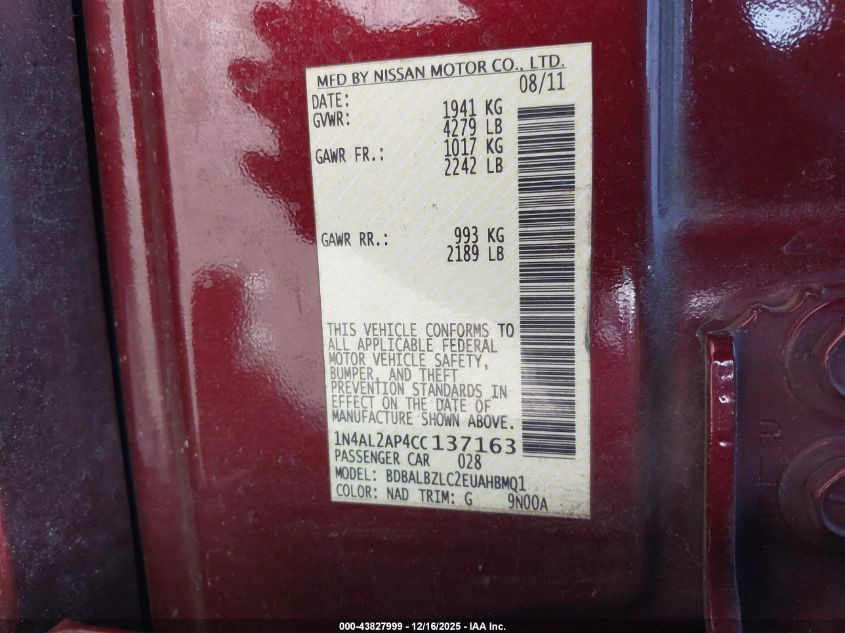 2012 Nissan Altima 2.5 S VIN: 1N4AL2AP4CC137163 Lot: 43827999