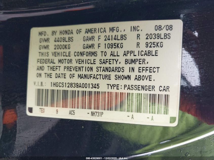 2009 Honda Accord 2.4 Ex-L VIN: 1HGCS12839A001345 Lot: 43828001