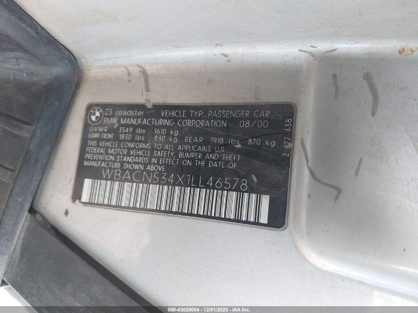 2001 BMW Z3 3.0I VIN: WBACN534X1LL46578 Lot: 43828004