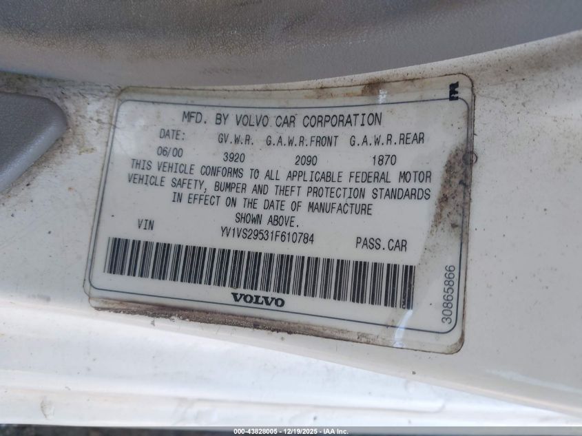 2001 Volvo S40 A/Sport Edition VIN: YV1VS29531F610784 Lot: 43828005