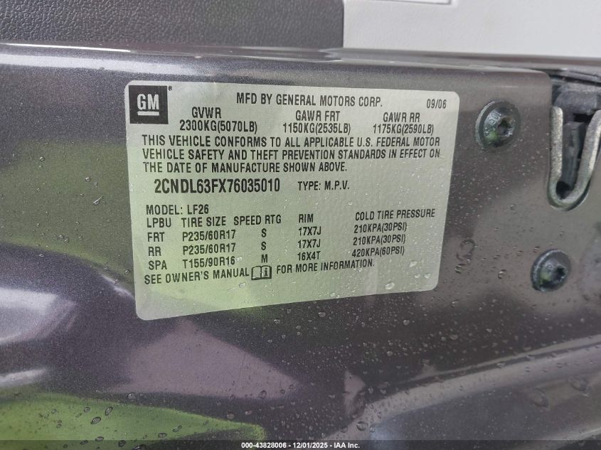 2007 Chevrolet Equinox Lt VIN: 2CNDL63FX76035010 Lot: 43828006