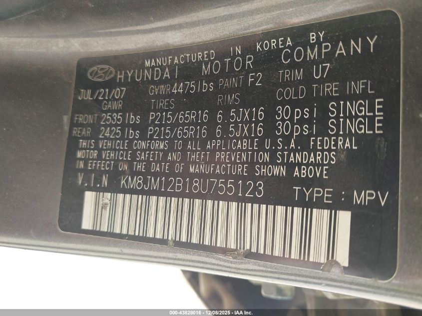 2008 Hyundai Tucson Gls VIN: KM8JM12B18U755123 Lot: 43828016