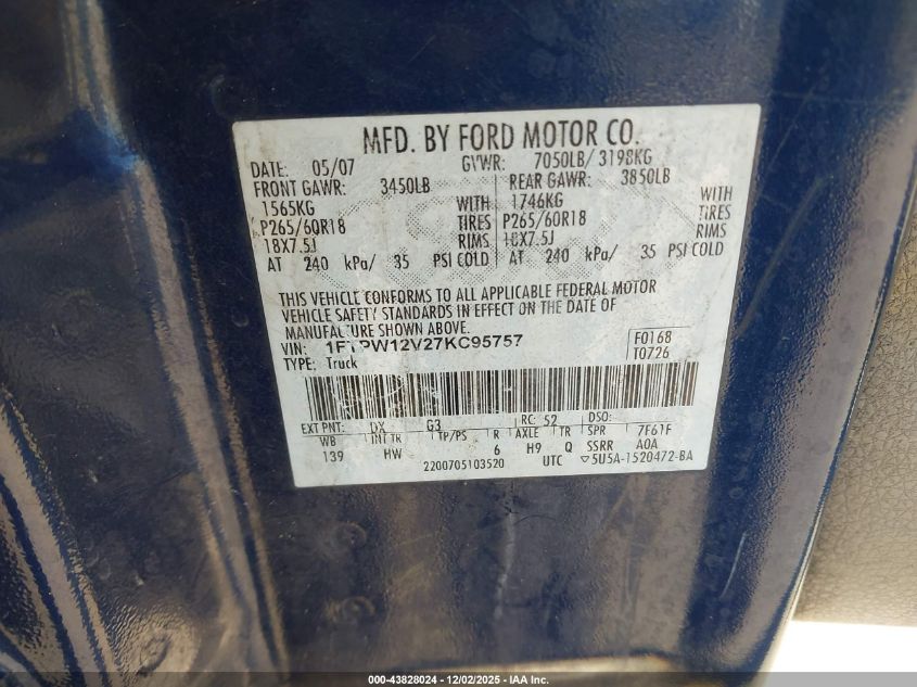 2007 Ford F-150 Lariat/Xlt VIN: 1FTPW12V27KC95757 Lot: 43828024