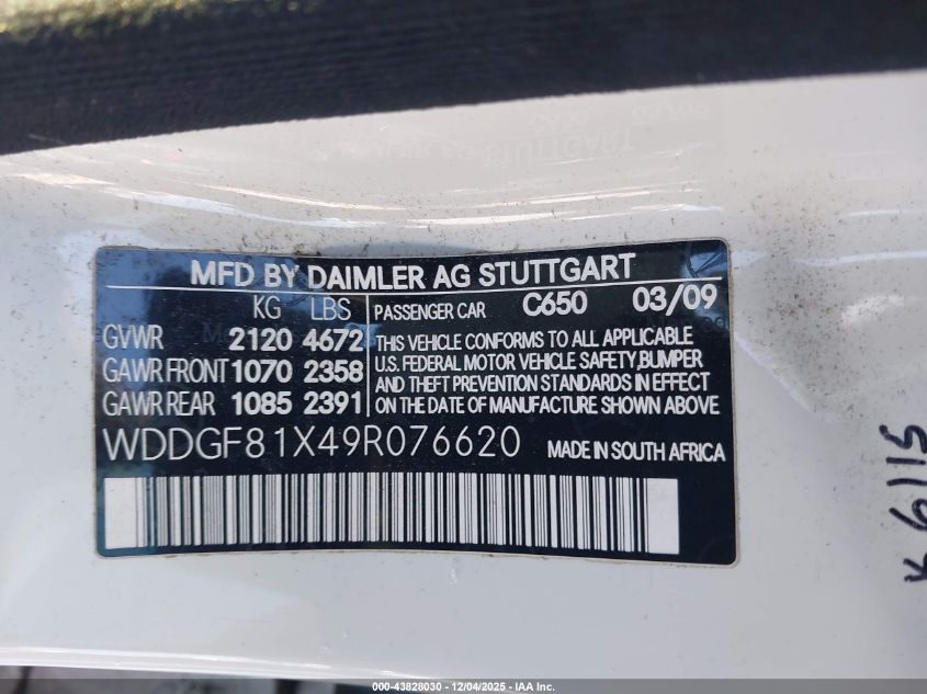 2009 Mercedes-Benz C 300 Sport 4Matic VIN: WDDGF81X49R076620 Lot: 43828030