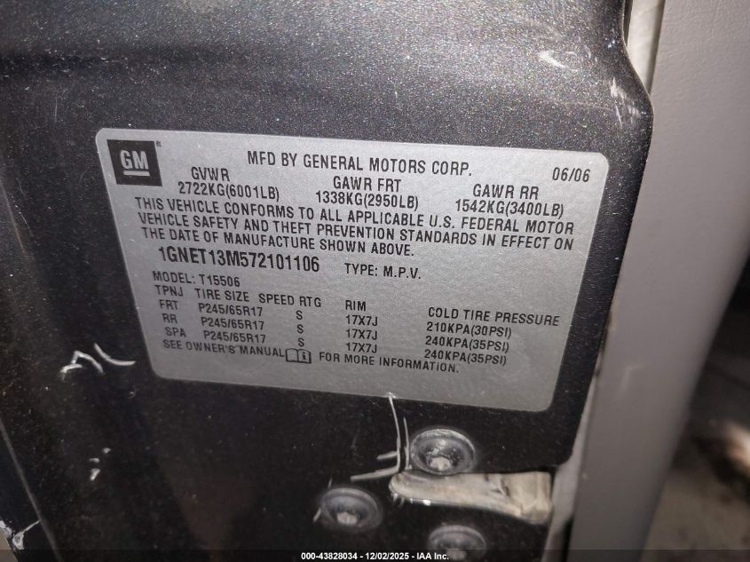 2007 Chevrolet Trailblazer Lt VIN: 1GNET13M572101106 Lot: 43828034