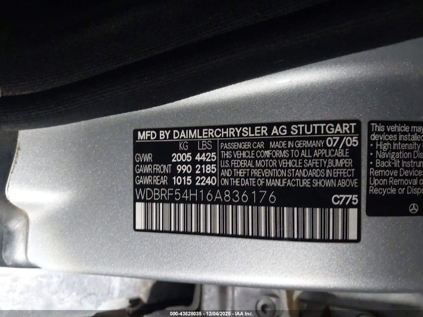 2006 Mercedes-Benz C 280 Luxury VIN: WDBRF54H16A836176 Lot: 43828035