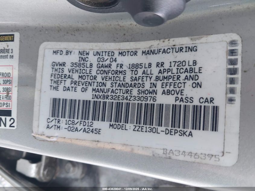 2004 Toyota Corolla S VIN: 1NXBR32E34Z330976 Lot: 43828041