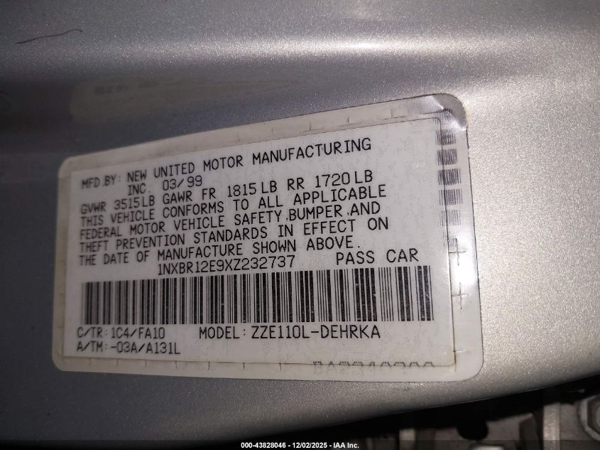 1999 Toyota Corolla Ve VIN: 1NXBR12E9XZ232737 Lot: 43828046