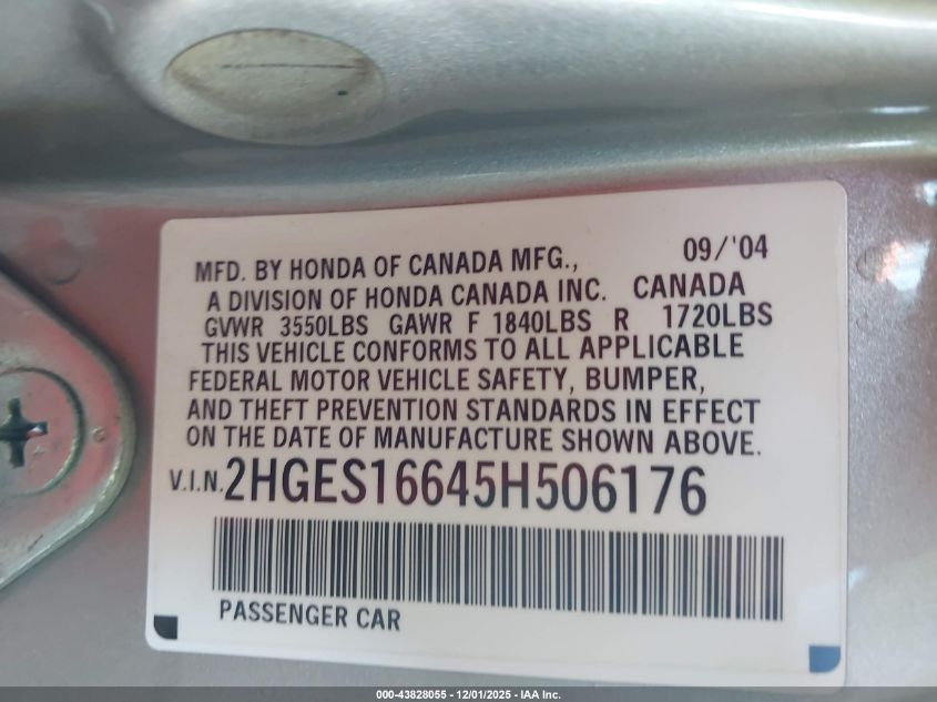 2005 Honda Civic Lx VIN: 2HGES16645H506176 Lot: 43828055