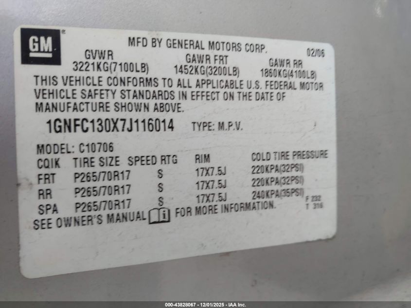 2007 Chevrolet Tahoe Lt VIN: 1GNFC130X7J116014 Lot: 43828067
