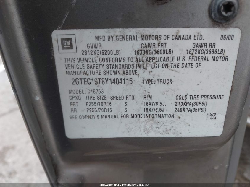 2000 GMC Sierra 1500 Sle VIN: 2GTEC19T8Y1404115 Lot: 43828094