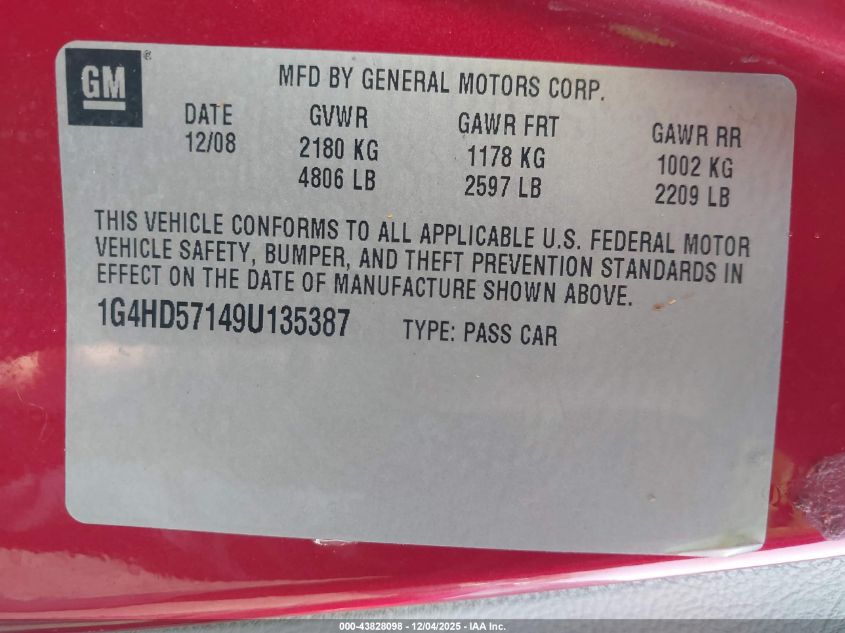 2009 Buick Lucerne Cxl VIN: 1G4HD57149U135387 Lot: 43828098