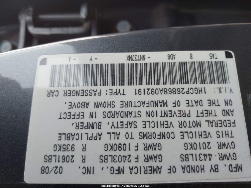 2008 Honda Accord 2.4 Ex-L VIN: 1HGCP26868A092191 Lot: 43828113