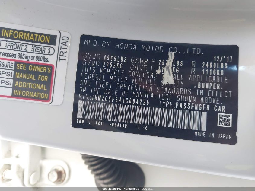 2018 Honda Clarity Plug-In Hybrid Touring VIN: JHMZC5F34JC004225 Lot: 43828117