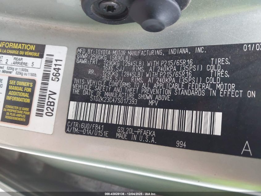 2007 Toyota Sienna Ce VIN: 5TDZK23C47S017393 Lot: 43828136