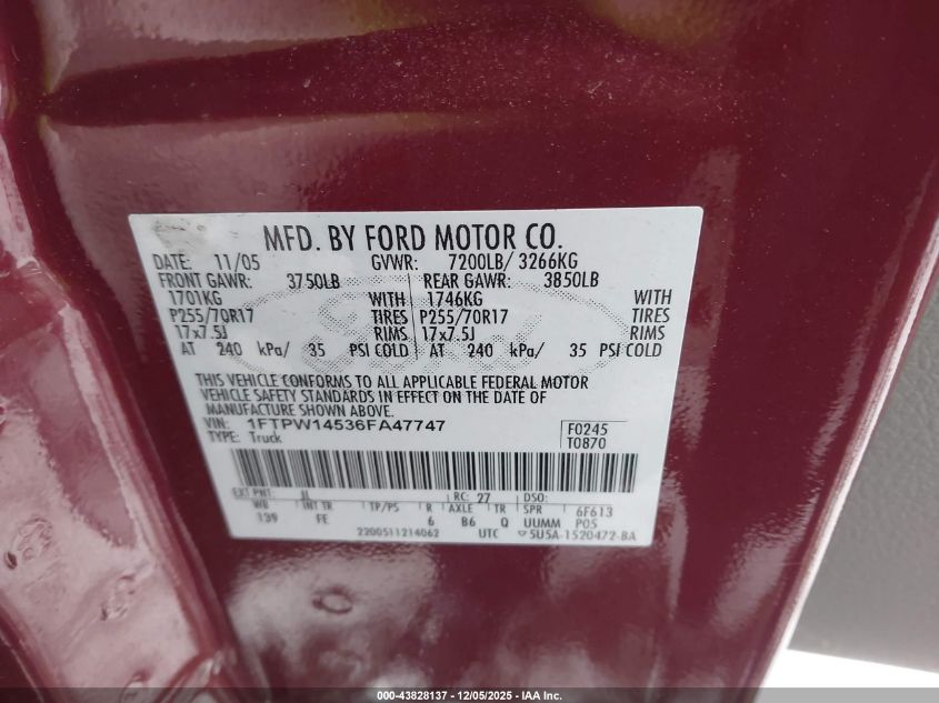 2006 Ford F-150 Fx4/Lariat/Xlt VIN: 1FTPW14536FA47747 Lot: 43828137