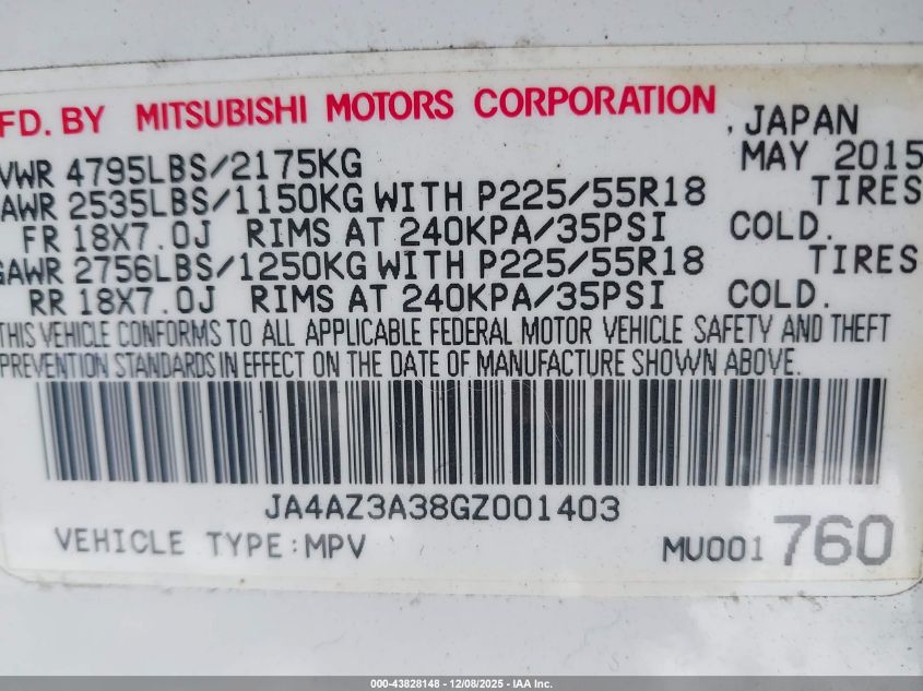 2016 Mitsubishi Outlander Es/Se/Sel VIN: JA4AZ3A38GZ001403 Lot: 43828148