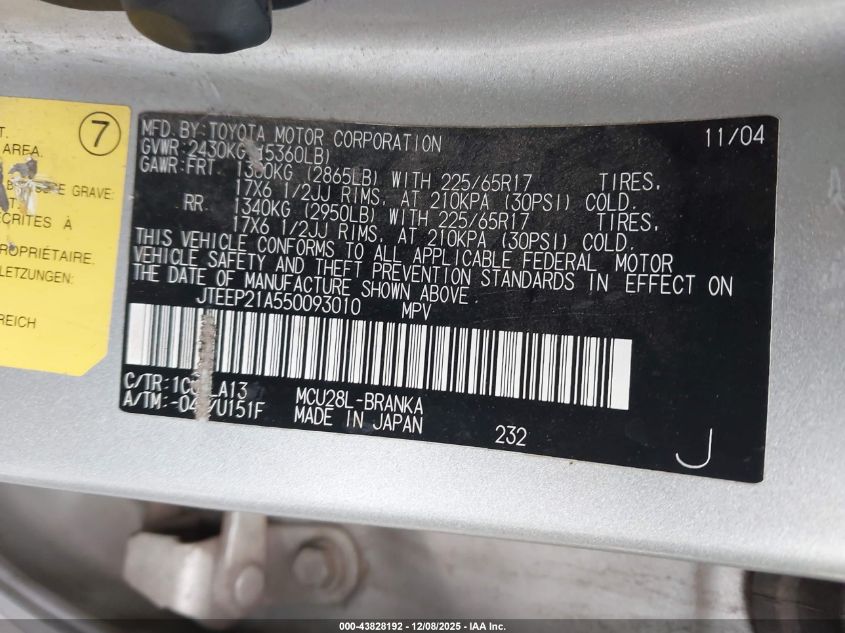 2005 Toyota Highlander Limited V6 VIN: JTEEP21A550093010 Lot: 43828192