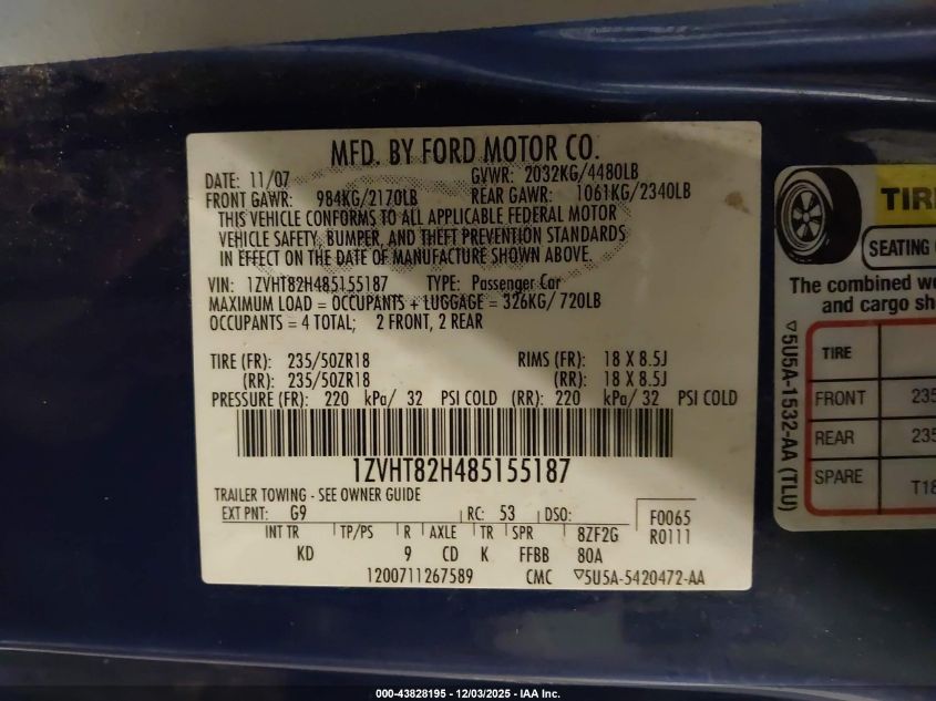 2008 Ford Mustang Gt Deluxe/Gt Premium VIN: 1ZVHT82H485155187 Lot: 43828195