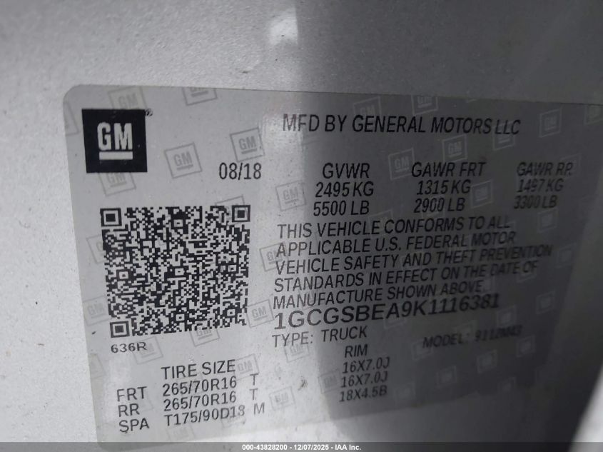 2019 Chevrolet Colorado Wt VIN: 1GCGSBEA9K1116381 Lot: 43828200