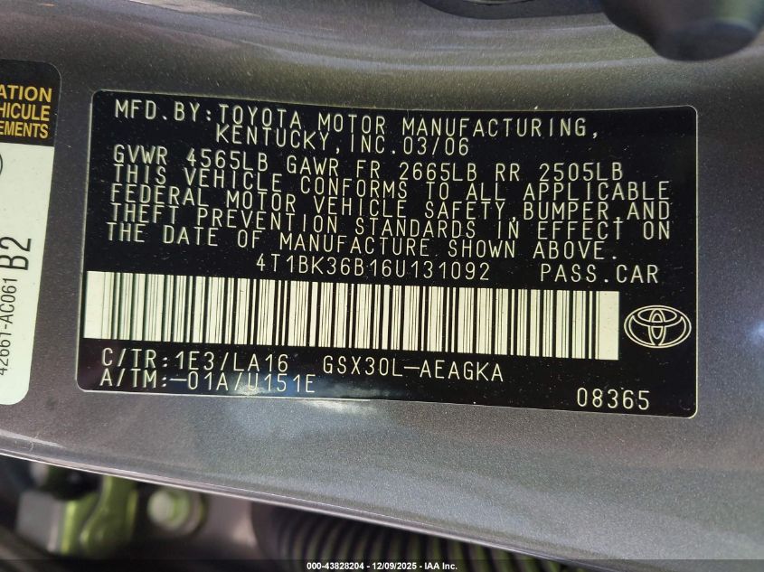 2006 Toyota Avalon Xls VIN: 4T1BK36B16U131092 Lot: 43828204