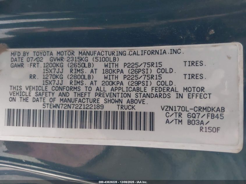 2002 Toyota Tacoma Base V6 VIN: 5TEWN72N72Z122189 Lot: 43828228