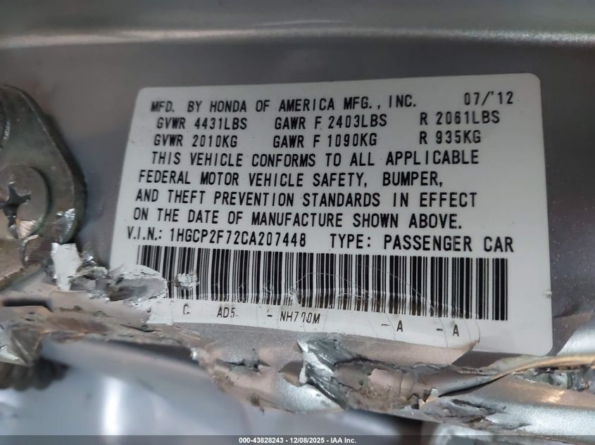 2012 Honda Accord 2.4 Ex VIN: 1HGCP2F72CA207448 Lot: 43828243