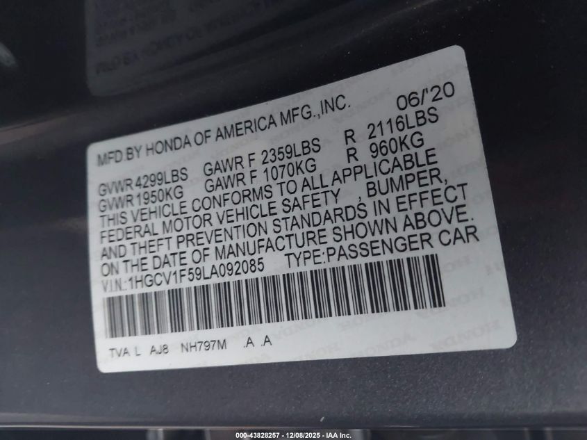 2020 Honda Accord Ex-L VIN: 1HGCV1F59LA092085 Lot: 43828257