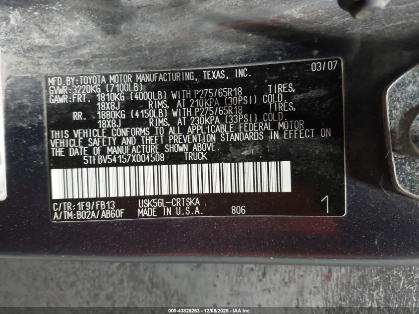 2007 Toyota Tundra Sr5 5.7L V8 VIN: 5TFBV54157X004508 Lot: 43828263