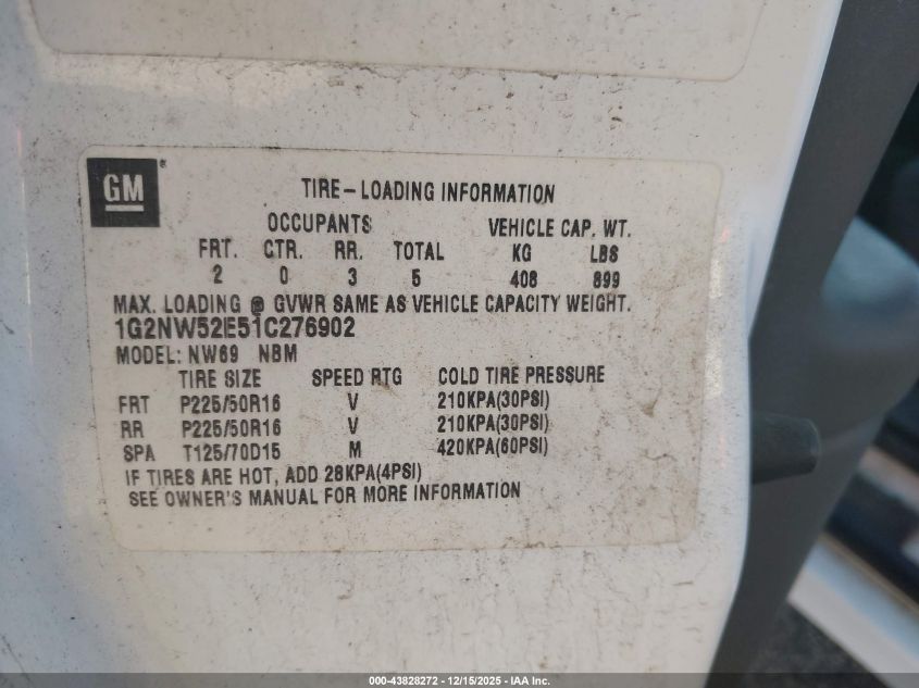 2001 Pontiac Grand Am Gt VIN: 1G2NW52E51C276902 Lot: 43828272