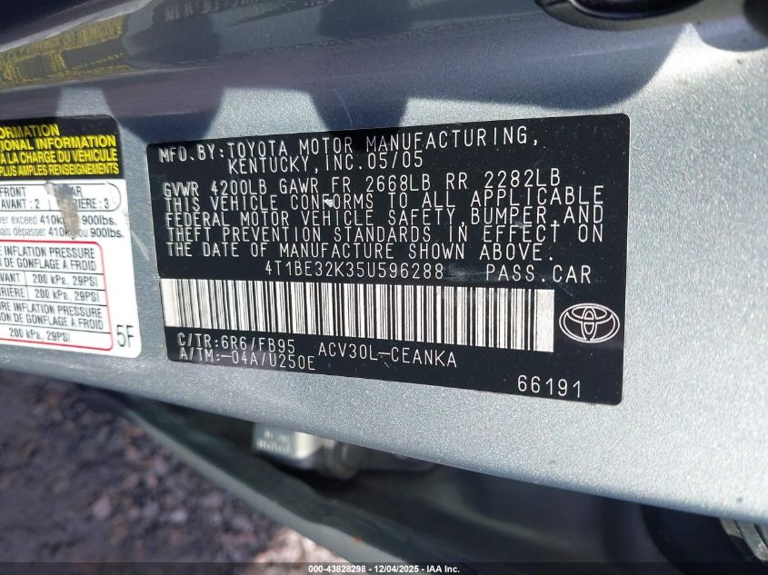 2005 Toyota Camry Le VIN: 4T1BE32K35U596288 Lot: 43828298